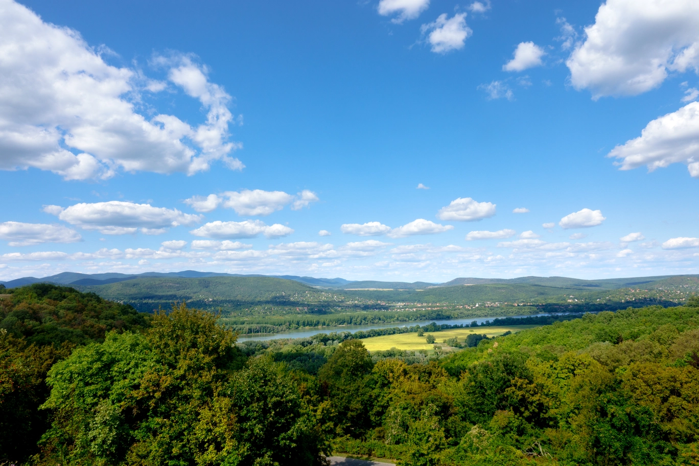 A photo of trees, fields, a river and mountains