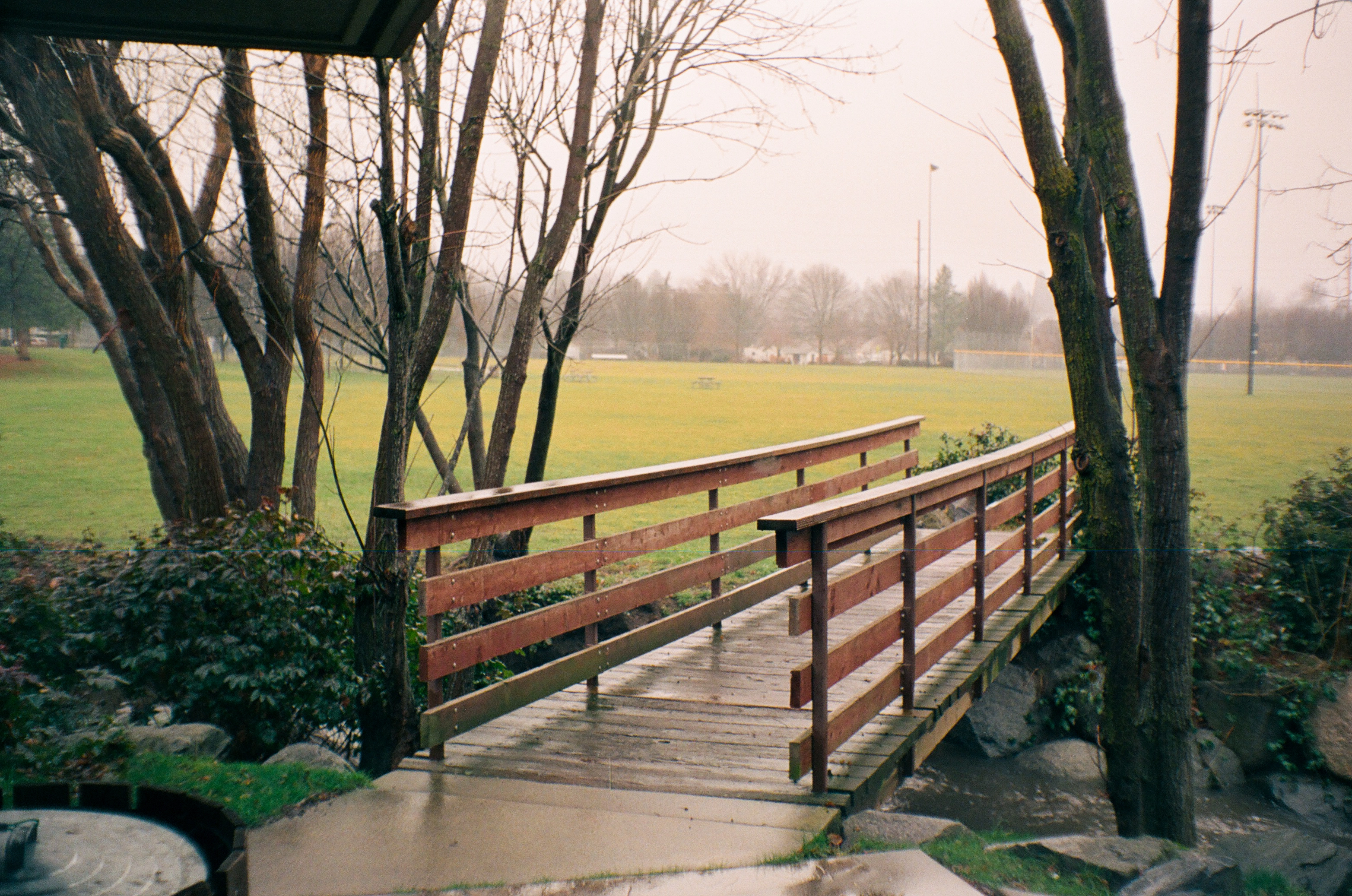 A photo of a wooden bridge in a park during rain