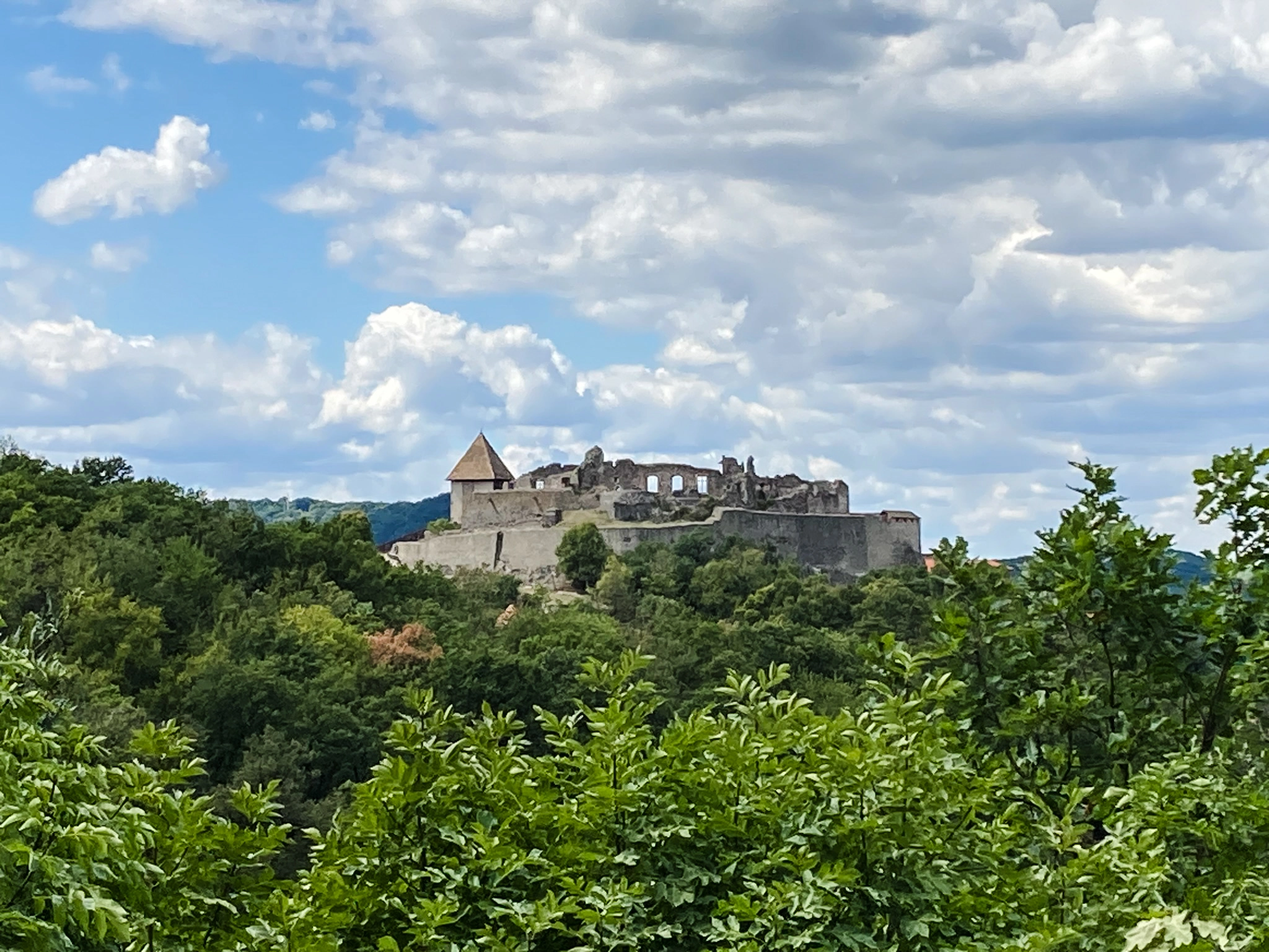 A photo of a castle surrounded by trees and clouds
